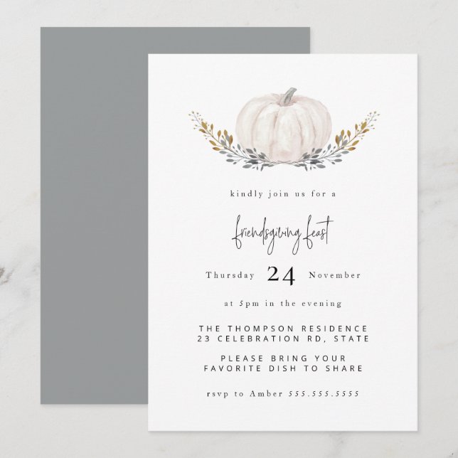 Minimal Watercolor Pumpkin Gold Leaf Friendsgiving Invitation (Front/Back)