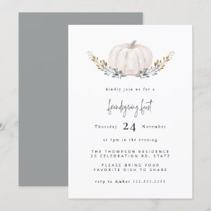 Minimal Watercolor Pumpkin Gold Leaf Friendsgiving Invitation