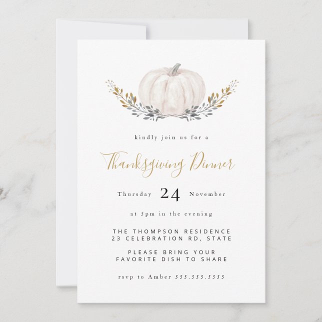Minimal Watercolor Pumpkin Gold Thanksgiving  Invitation (Front)