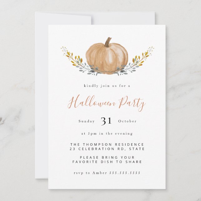 Minimal Watercolor Pumpkin Halloween Party Invitation (Front)