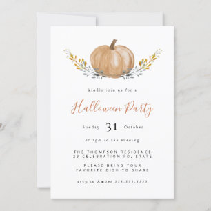 Minimal Watercolor Pumpkin Halloween Party Invitation