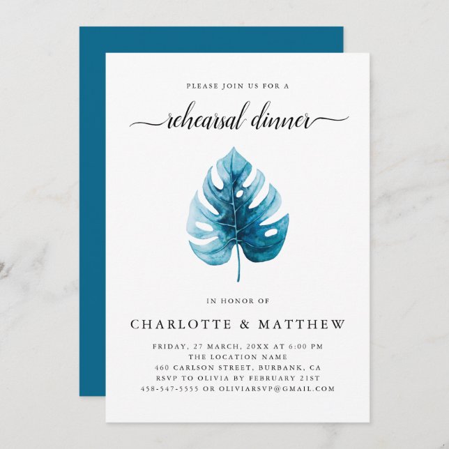 Minimal Watercolor Tropical Leaf  Rehearsal Dinner Invitation (Front/Back)