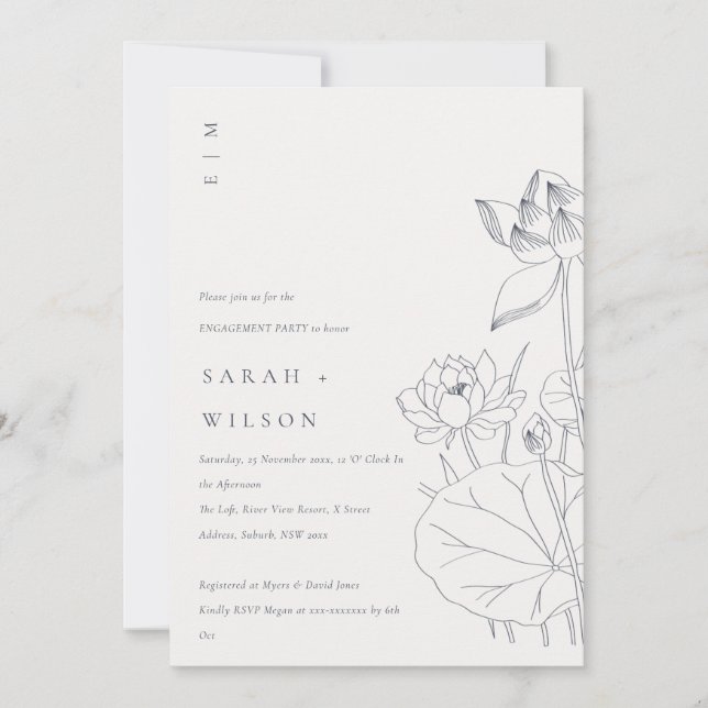 Minimal Waterlily Floral Sketch Engagement Invite (Front)