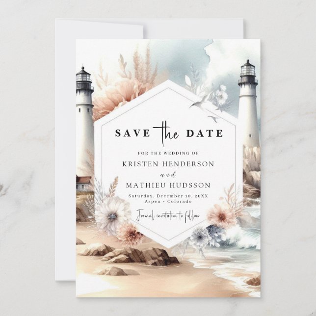 Minimal Waves Lighthouse Wedding Save The Date (Front)