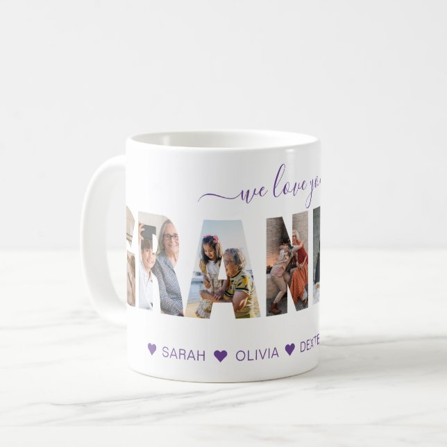 Minimal We Love You Grandma Photo Collage Purple Coffee Mug (Front Left)