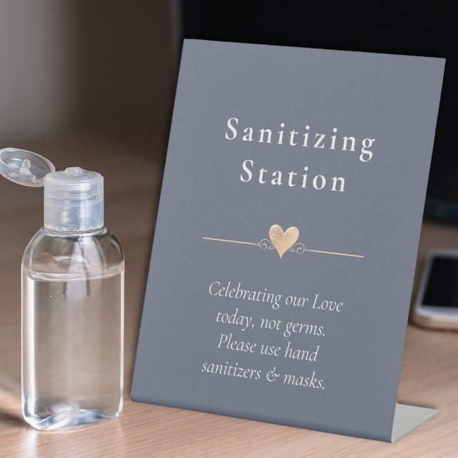 Minimal Wedding Heart Sanitising Station Navy Blue Pedestal Sign (Creator Uploaded)