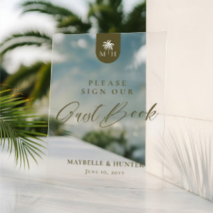 Minimal Wedding Palm Monogram Sign Our Guest Book