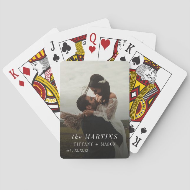 Minimal Wedding Photo Couples Family Name Playing Cards (Back)