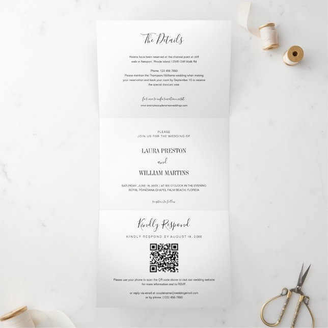 Minimal Wedding Photo with RSVP QR Code & Details Tri-Fold Invitation (Inside)