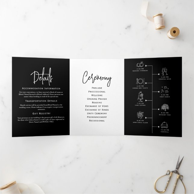 Minimal Wedding Program Black and White Elegant Tri-Fold Programme (Inside)