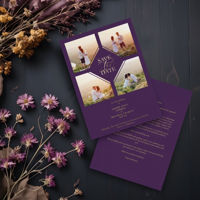 Minimal Wedding Purple & Gold 4-Photos Collage (Minimal Wedding Purple & Gold 4-Photos Collage Metallic Foil Save the Date with Envelope.)