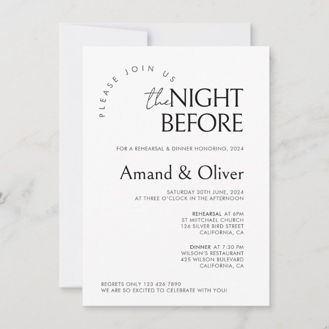 Minimal Wedding Rehearsal TemplateThe Night Before Invitation (Front)