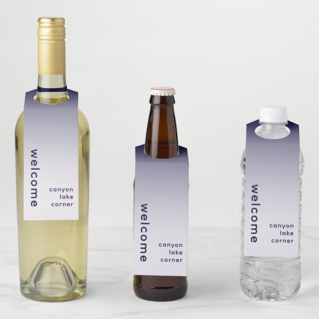Minimal Welcome Navy Bottle Hanger Tag (In Situ)