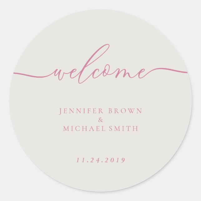 Minimal Welcome Simple Signature Pink Classic Round Sticker (Front)