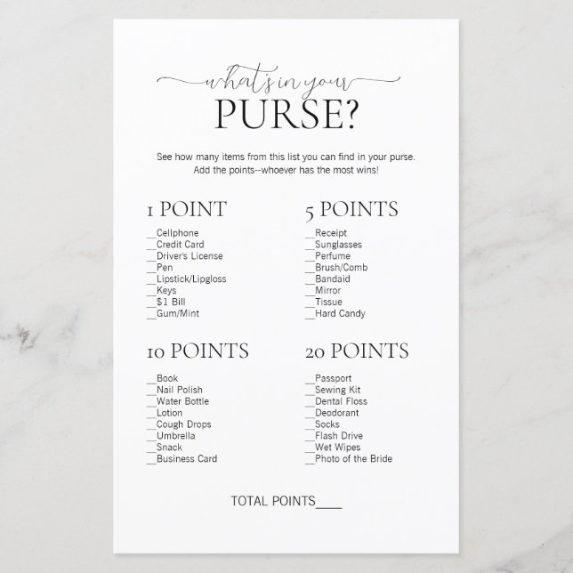 Minimal What's In Your Purse Bridal Shower Game (Front)