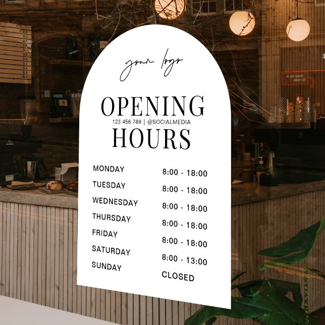 Minimal White Arch Business Logo Opening Times (Modern white arch business opening times window cling sign for your shop, salon or office)