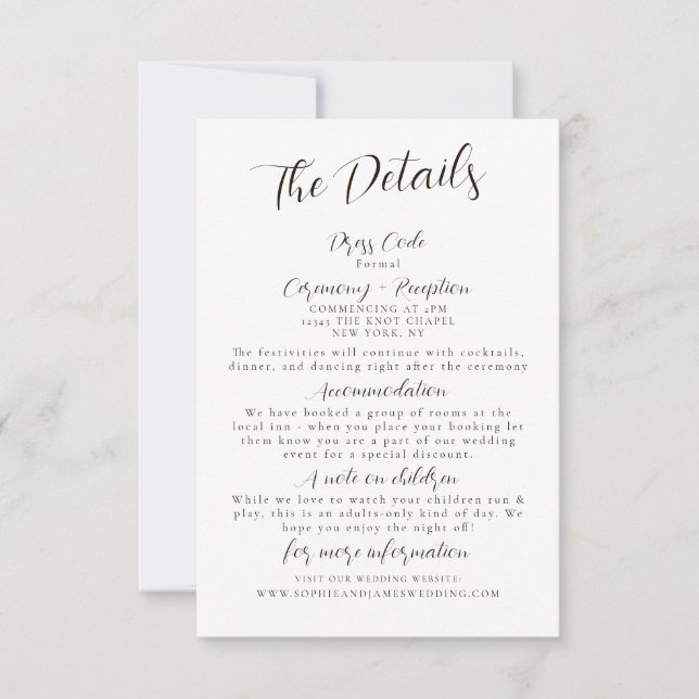 Minimal White Black Wedding Details Enclosure Card (Front)