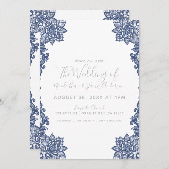 Minimal White & Blue Floral Lace Elegant Wedding Invitation (Front/Back)