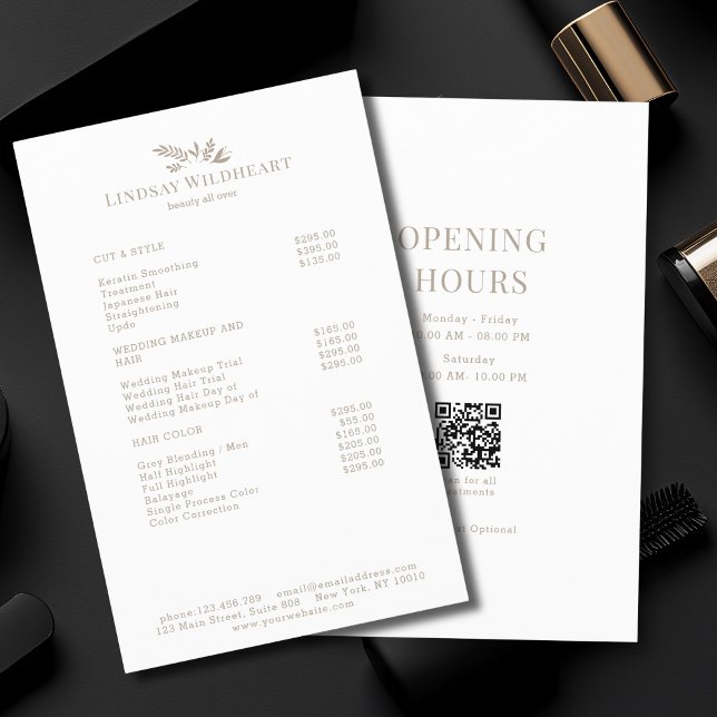 Minimal White Botanical Salon QR Code Price List Flyer (Minimal White Botanical Salon QR Code Price List Flyer)