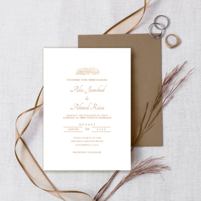 Minimal White Classic Gold Script Muslim Wedding Invitation (Creator Uploaded)