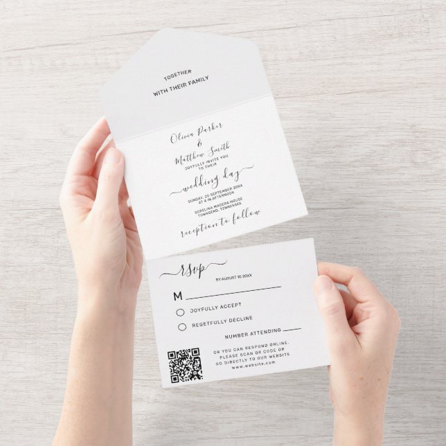 Minimal White Classic Wedding QR Code RSVP All In One Invitation (Tearaway)