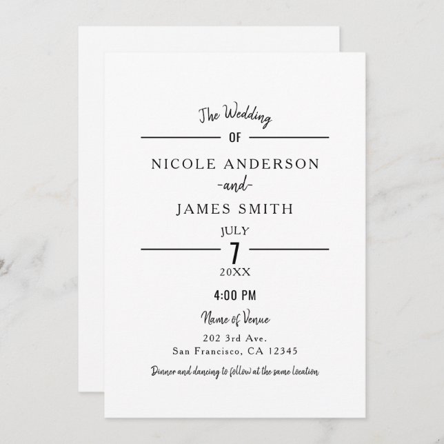 Minimal White Clean Classic Simple Wedding Invitation (Front/Back)