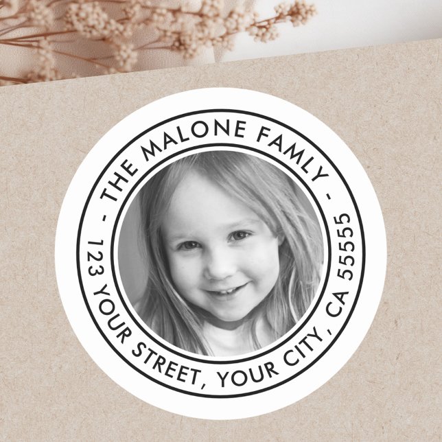 Minimal white family photo return address classic round sticker (Minimal white family photo return address classic round sticker)
