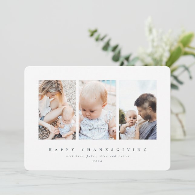 Minimal White Frame 3 Photo Happy Thanksgiving Holiday Card (Standing Front)