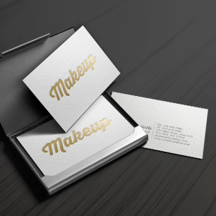 Minimal White & Gold Embossed Text Makeup Artist Business Card