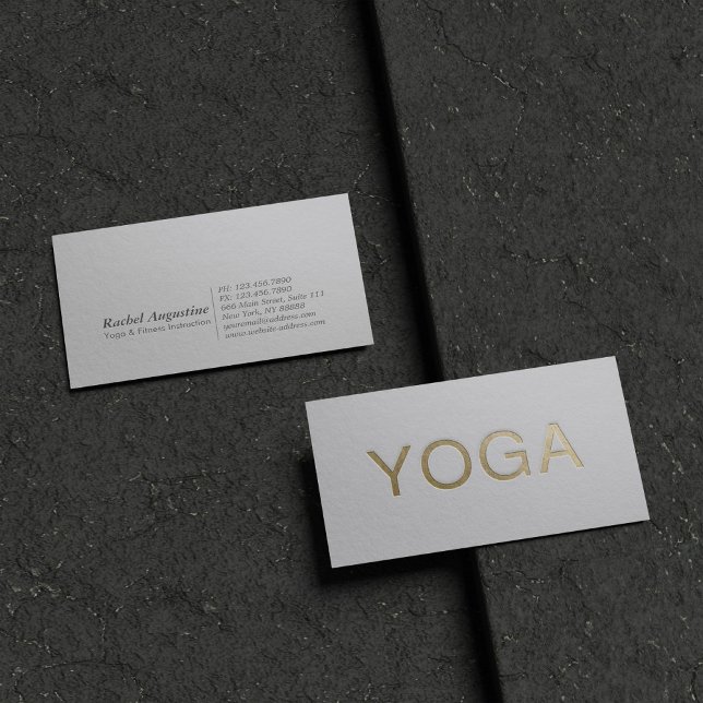 Minimal White & Gold Embossed Text Yoga Instructor Business Card (Creator Uploaded)