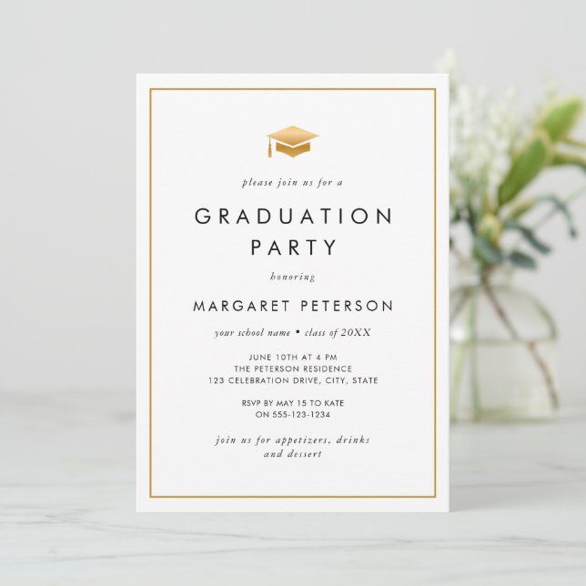 Minimal White Gold Grad Cap Photo Graduation Party Invitation (Standing Front)