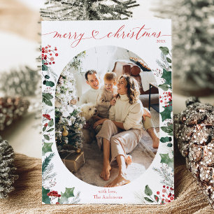 Minimal White Green Oval Photo Christmas Card