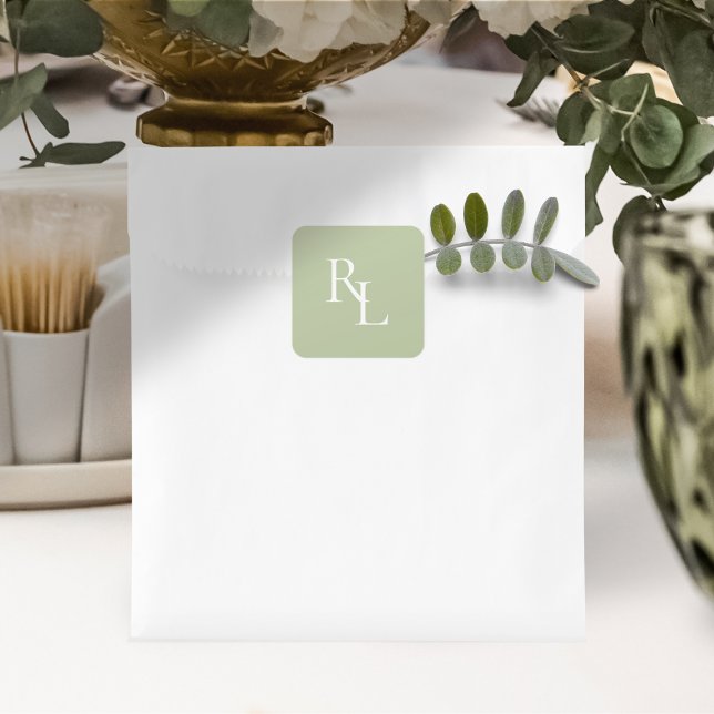 Minimal White & Green Wedding Couple Initials  Square Sticker (Creator Uploaded)