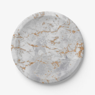 Minimal White Grey Carrara Gold Marble Grungy Silv Paper Plate
