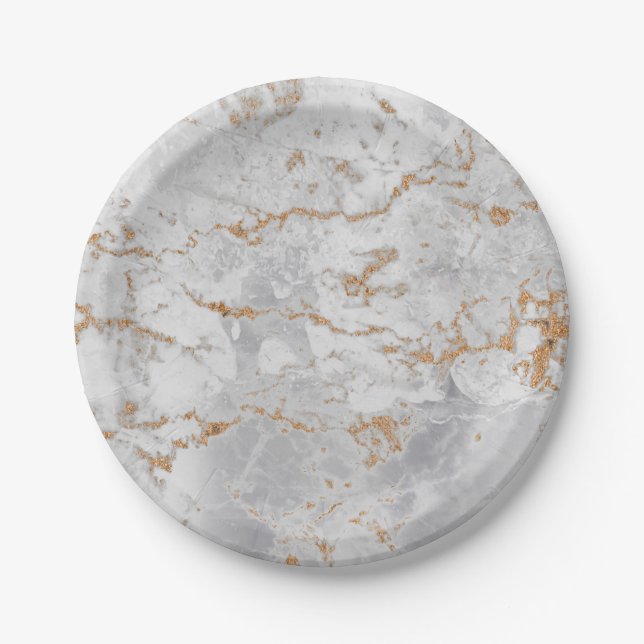 Minimal White Grey Carrara Gold Marble Grungy Silv Paper Plate (Front)