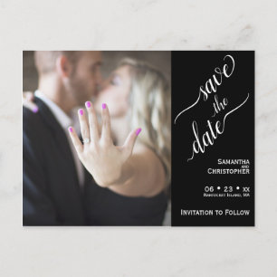 Minimal White on Black Wedding Save the Date Photo Postcard