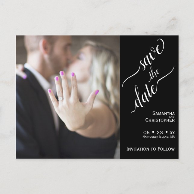 Minimal White on Black Wedding Save the Date Photo Postcard (Front)