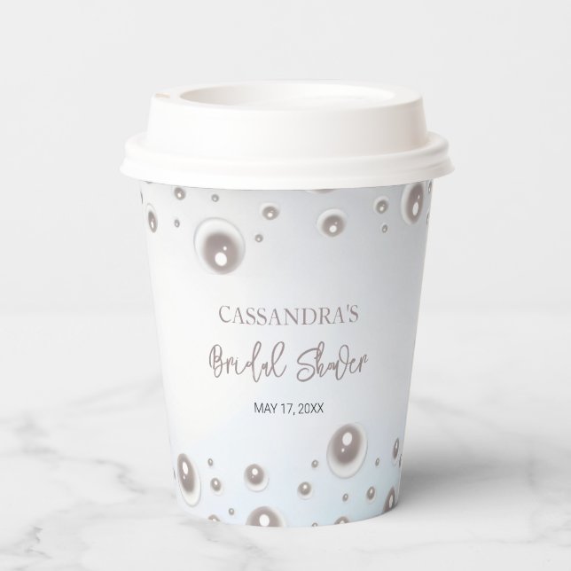 Minimal White Pearl Silver Bridal Shower  Paper Cups (Back)
