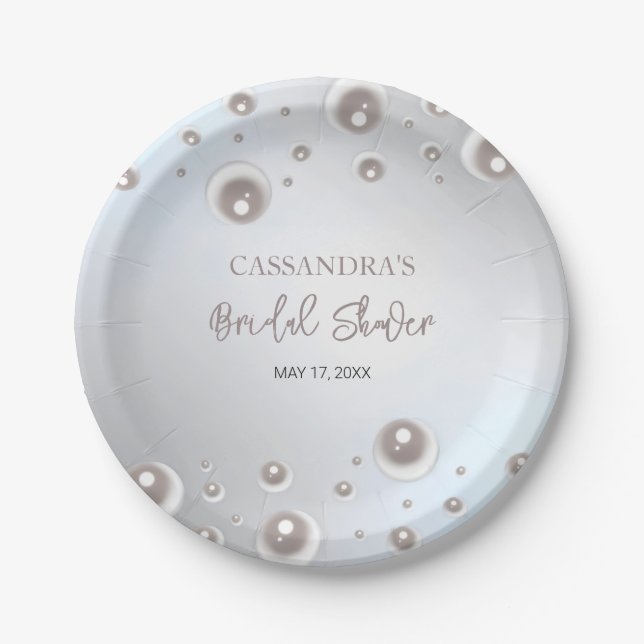Minimal White Pearl Silver Bridal Shower  Paper Plate (Front)