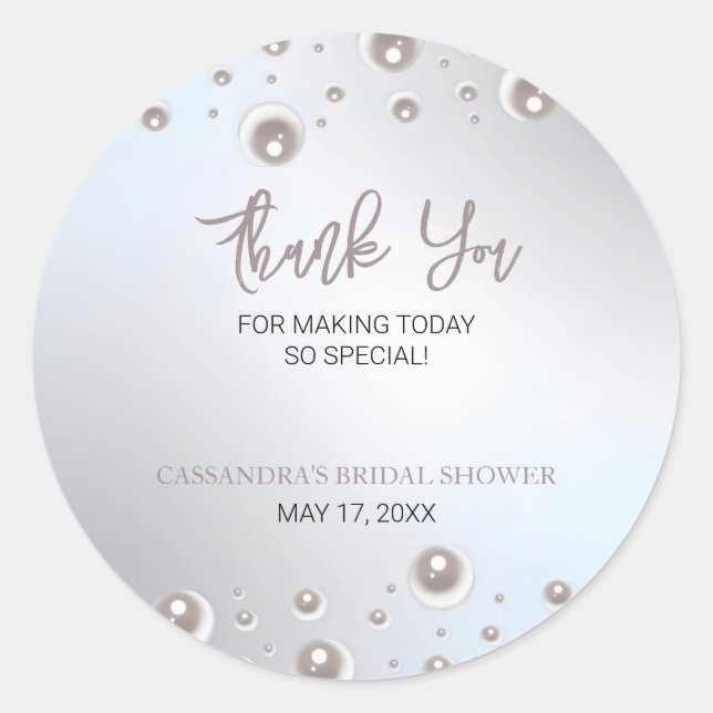 Minimal White Pearl Silver Bridal Shower Thank You Classic Round Sticker (Front)