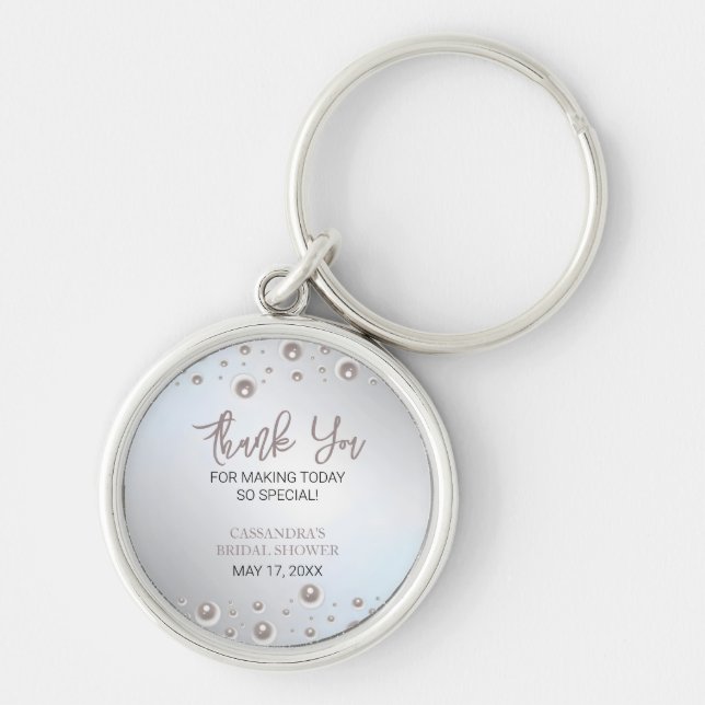 Minimal White Pearl Silver Bridal Shower Thank You Key Ring (Front)