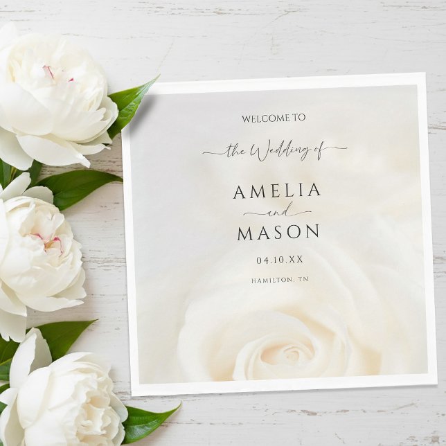 Minimal White Rose Elegant Script Wedding Welcome  Napkin (Minimal White Rose Elegant Script Wedding Welcome Napkins)