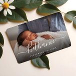 Minimal White Script Baby Name Overlay Baby Photo Magnet<br><div class="desc">Announce and welcome your new baby to the world with our simple and modern full baby photo birth announcement magnet. The design features a single photo layout to display your new baby's photo. Simple white script overlay to display the baby's name with birth date and birth stats.</div>