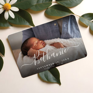 Minimal White Script Baby Name Overlay Baby Photo Magnet