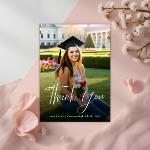 Minimal White Script Typography Graduation Photo Thank You Card