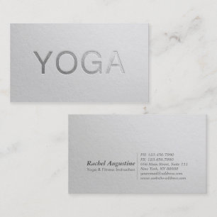 Minimal White Silver Embossed Text Yoga Instructor Business Card