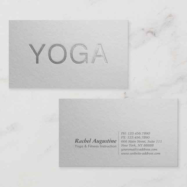 Minimal White Silver Embossed Text Yoga Instructor Business Card (Front/Back)