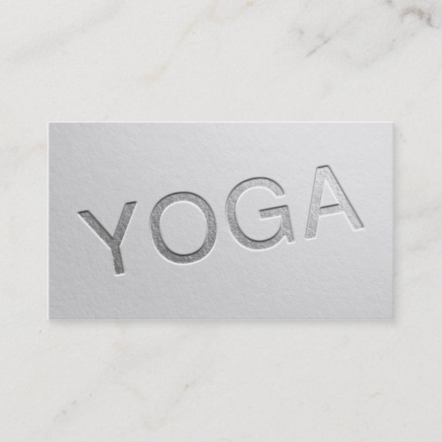 Minimal White Silver Embossed Text Yoga Instructor Business Card (Front)
