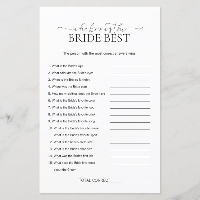 Minimal Who Knows The Bride Bridal Shower Game (Front)