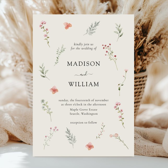 Minimal Wildflower Beige Boho Floral Wedding Invitation (Creator Uploaded)